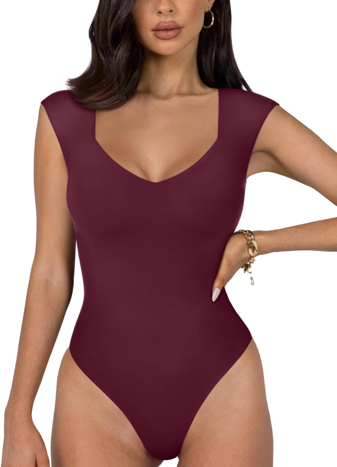 REORIA Butsmooth® Women's Trendy Sexy Casual V Neck Double Lined Sleeveless Slimming Going Out Tank Top Bodysuits