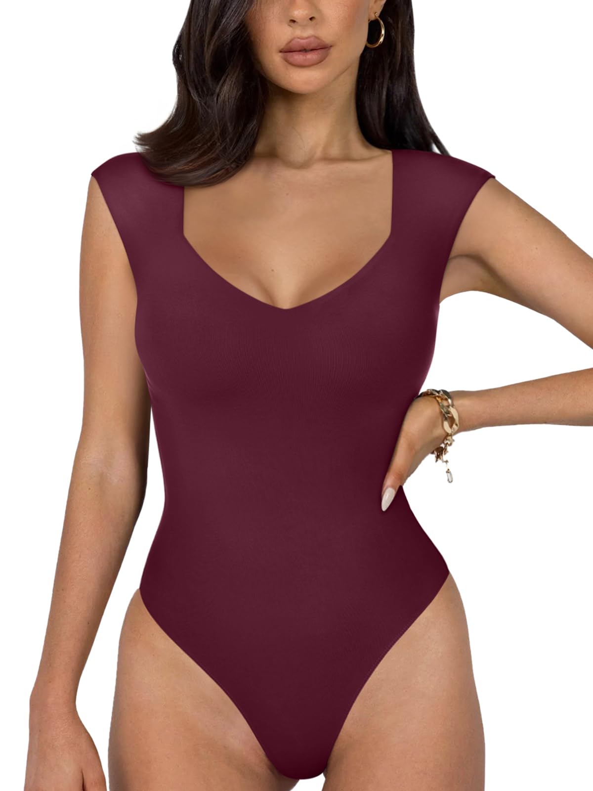 REORIA Butsmooth® Women's Trendy Sexy Casual V Neck Double Lined Sleeveless Slimming Going Out Tank Top Bodysuits