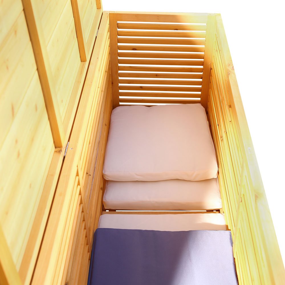 Melko Auflagenbox Kissenbox Gartenbox Gartentruhe 170x50x58 cm Holz Braun | regenfester Schutzanstrich, klappbarer Deckel, luftdurchlässige Lamellen, rostfreie Scharniere, Stauraum für Polster