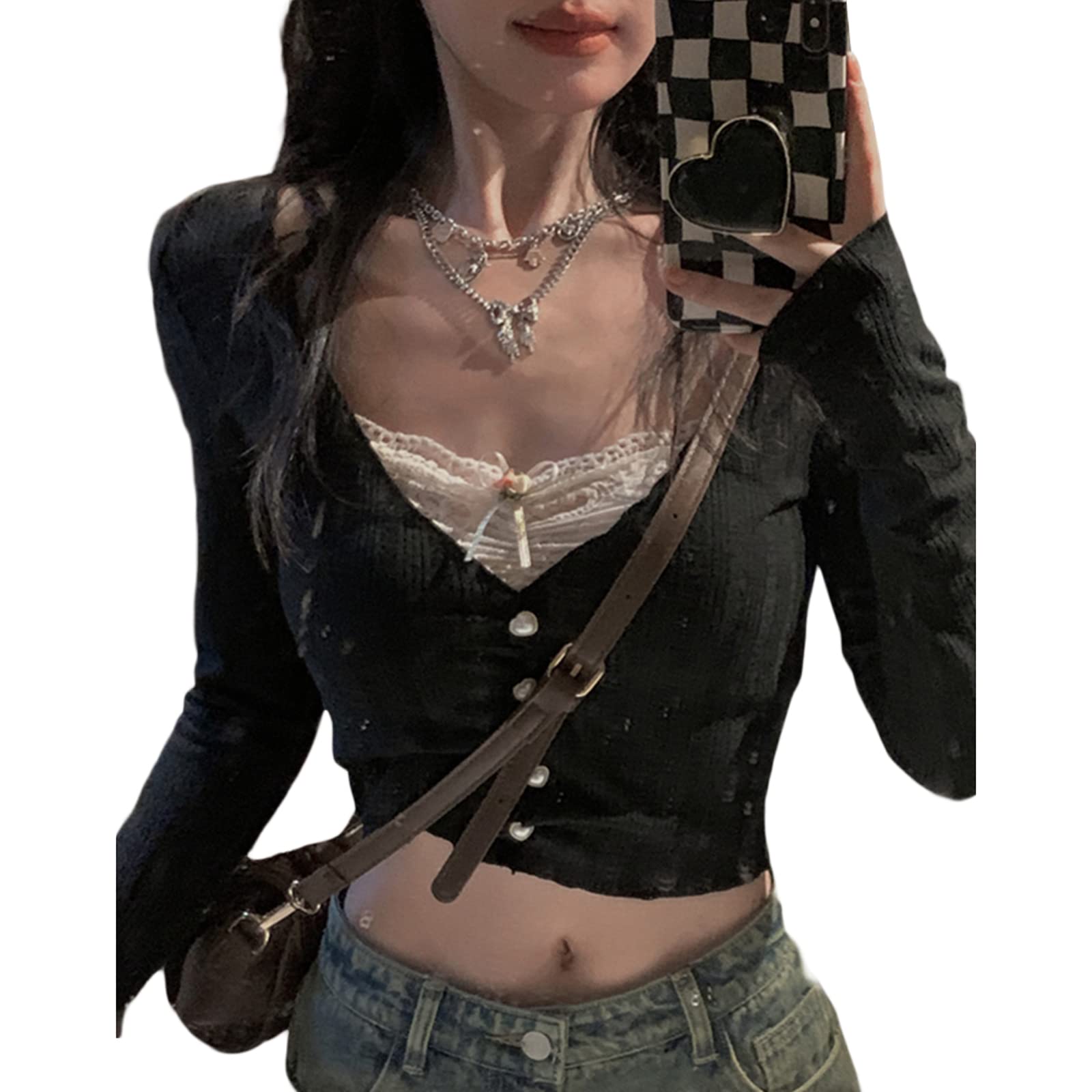 Fairy Grunge Shirts for Women Y2K Tops Long Sleeve Lace Patchwork Tees Teen Girls Vintage Slim Blouse Fall Clothes