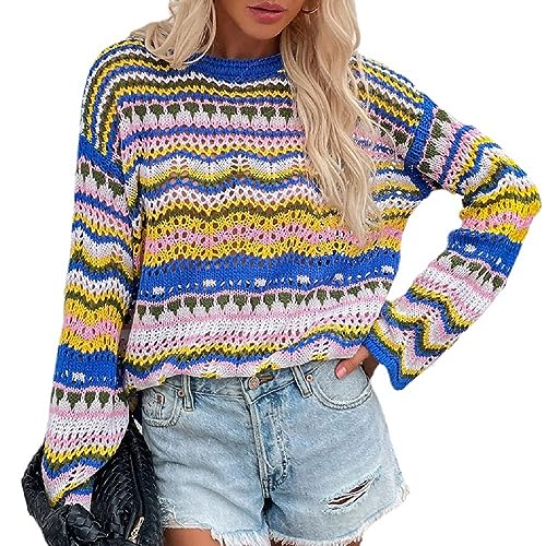 Womens Striped Crochet Sweaters Lightweight Crewneck Multicolor Trendy Y2k Long Bell Sleeve Knit Pullover Tops