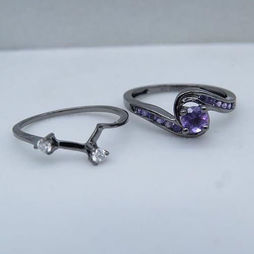 Miniatura 8 de Dazzlingrock Collection Juego de anillos de boda redondos de amatista y diamante blanco para mujer en oro blanco sólido de 10 quilates chapado en