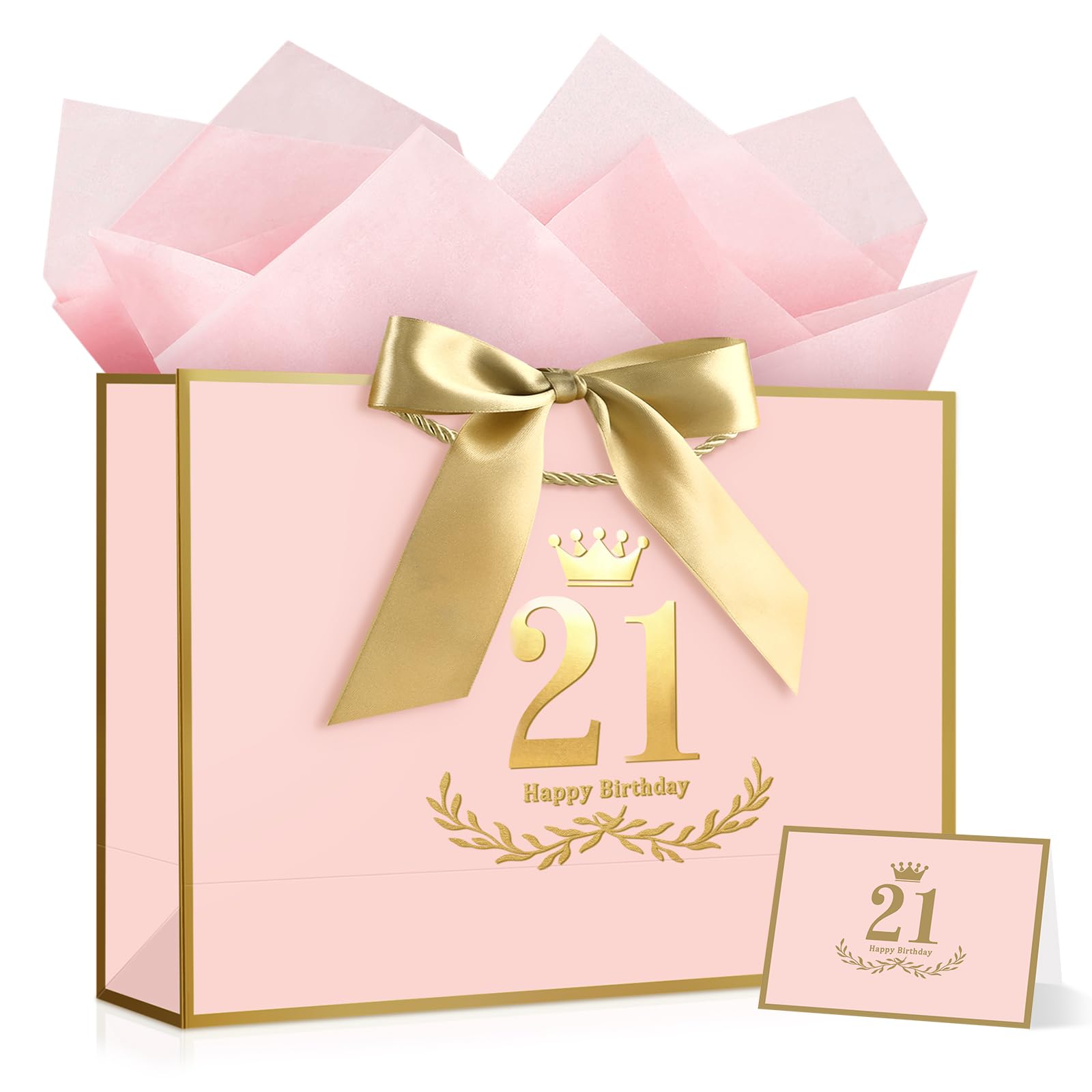 YoungTree 21st Birthday Gift Bag for Women, Medium Pink with Gold Frame