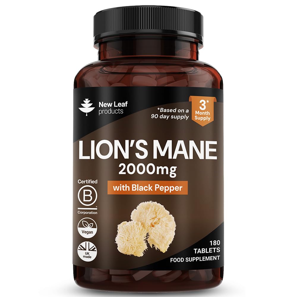 Lions Mane Mushroom 2000mg - 180 High Strength Vegan Tablets - Lion's Supplement with Black Pepper - Mushrooms Extract (Not Powder or Capsules) Made in The UK By New Leaf products