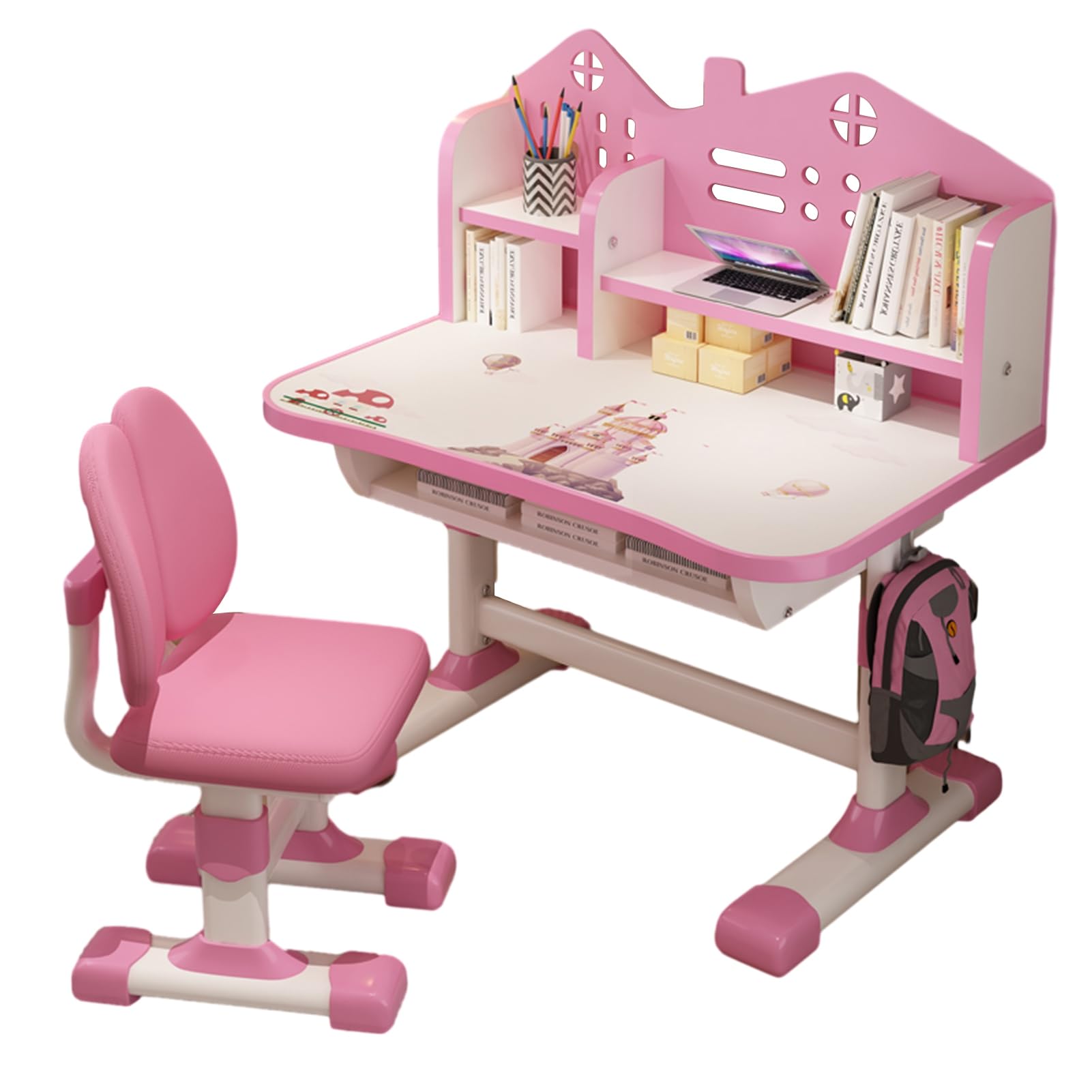 Hesitroad 2Pcs Kids Desk and Chair Set,Height Adjustable Childs Study Desk Chair Set,Multi-Separation Widened Children Desktop with Book Stand & Spacious Drawer,Cartoon Pattern Pink
