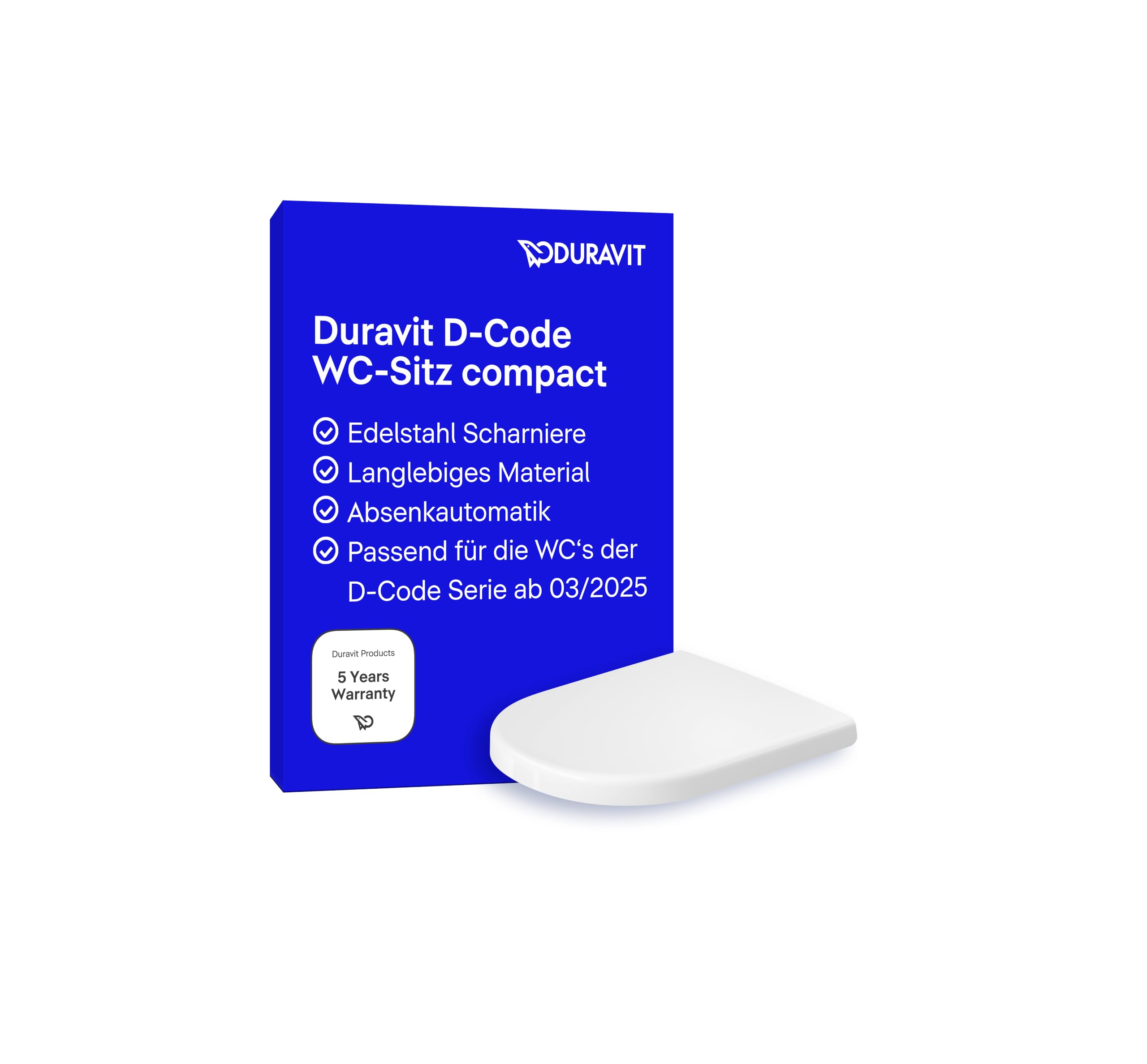 Duravit D-Code WC-Sitz mit Absenkautomatik Kompakt - WC-Sitz aus Duroplast, D-Form, Soft-Close, Edelstahl-Scharniere, weiß Hochglanz, Passend für Duravit D-Code Serie