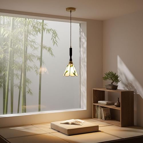 Miniatura 4 de Lámpara Colgante Estilo Tiffany Vintage, Vidrio Emplomado Patrón Hoja Verde, Acabado Latón y Madera, Cable Ajustable E27 Luz Cálida para Isla