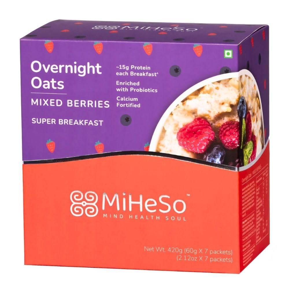 MiHeSo Mind Health Soul Miheso Overnight Oats (Mixed Berries) 420G|Healthy Oatmeal Breakfast|Ideal For Weight Loss,Fitness|No Refined Sugar|High Protein,Calcium & Fibre
