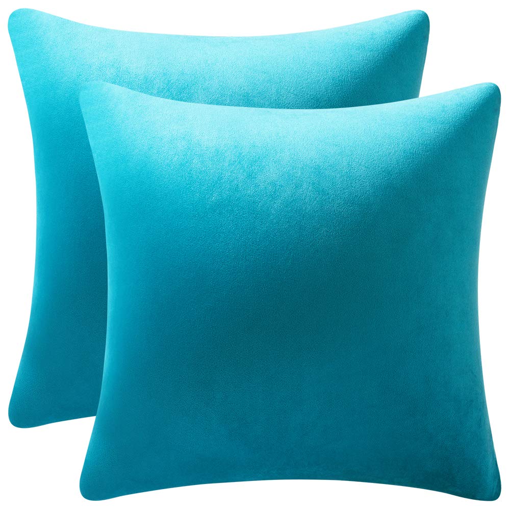 DEZENE Throw Pillow Covers 22x22 Turquoise: Pack of 2 Cozy Soft Velvet Square Modern Luxury Decorative Throw Pillow Cases for Sofa Couch Living Room