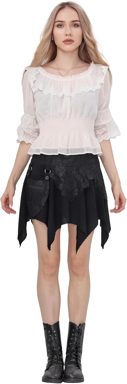 Womens Pirate Skirt Renaissance Gothic Short Dress Black Mini Fairy Skirt with Bag Lace Layered Asymmetrical