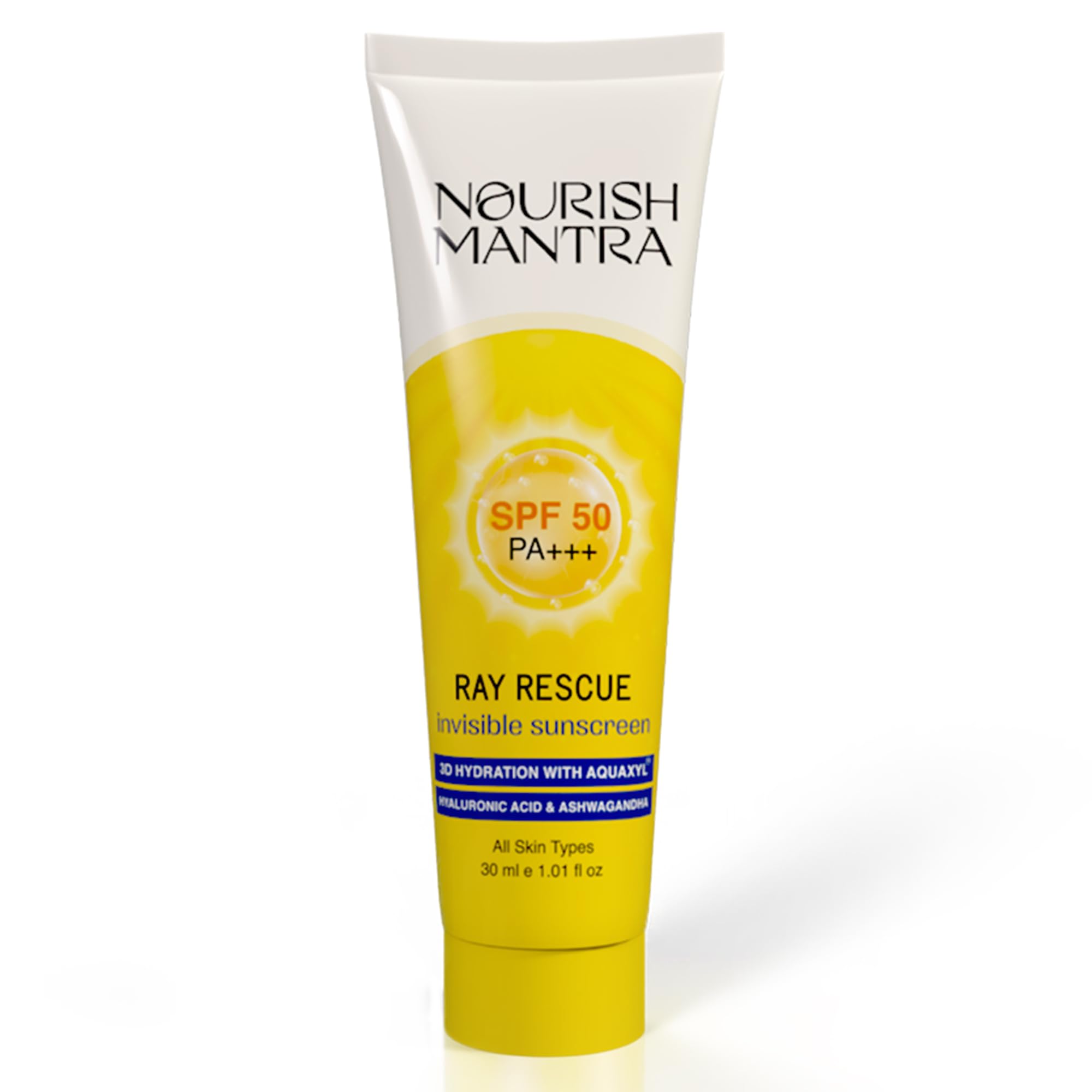 NOURISH MANTRA Ray Rescue Sunscreen/Sunscreen Spf 50 For All Skin Types/Formulated With Hyaluronic Acid,Aquaxyl,Aloe Vera&Ashwagandha Extracts/No White Cast/For Both Men&Women/30Ml,1 Count