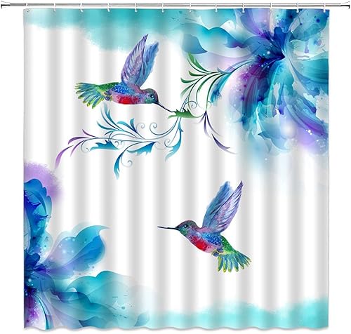Cortina de ducha de colibrí, retro, acuarela, floral, azul, morado, planta, pájaro, fantasía, primavera, creativo, impresión artística, concisa,