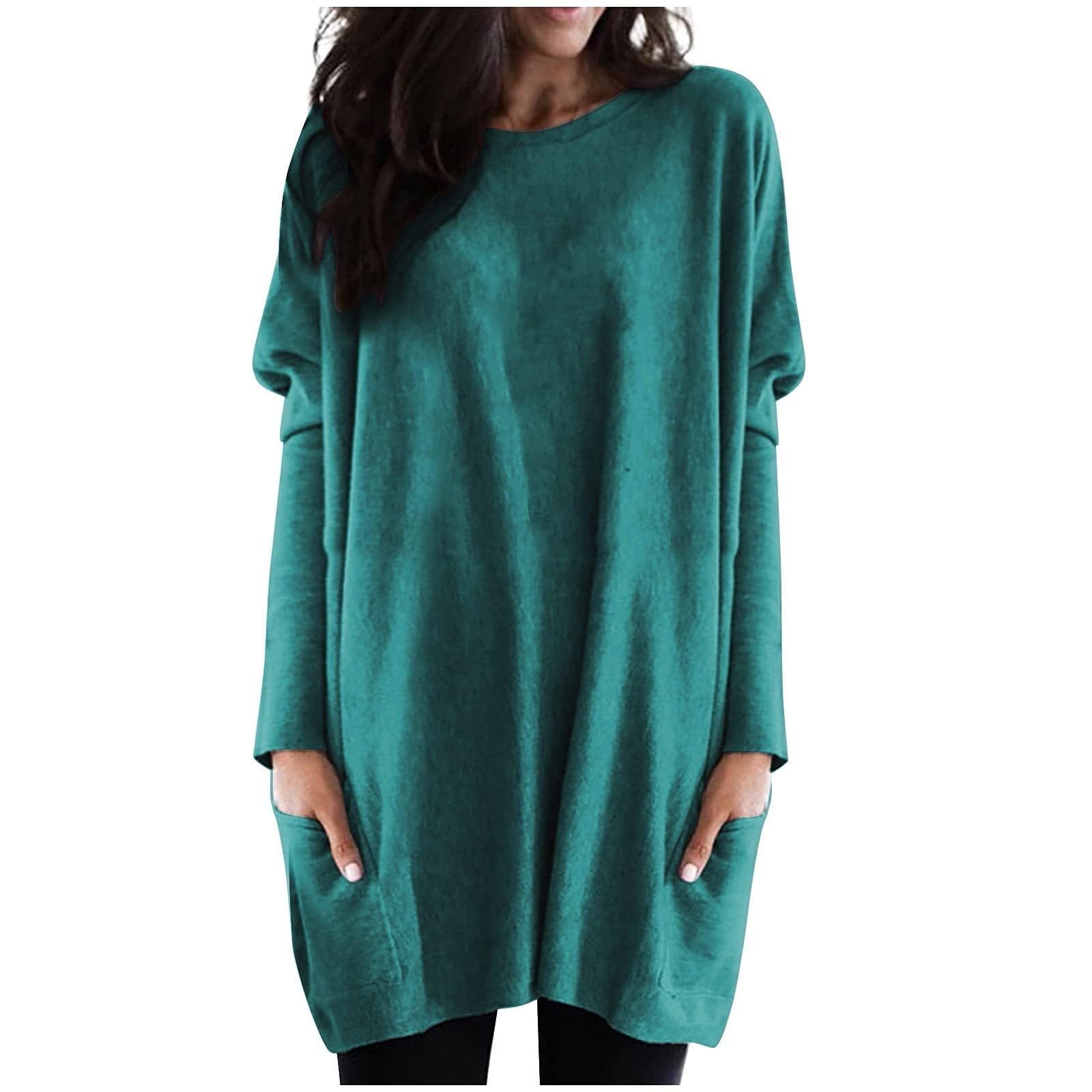 Womens Long Sleeve Tunic Tops for Leggings Fall Casual Long T Shirts with Pockets Dressy Loose Fit Oversized Cute Teacher Clothes Sky Blue