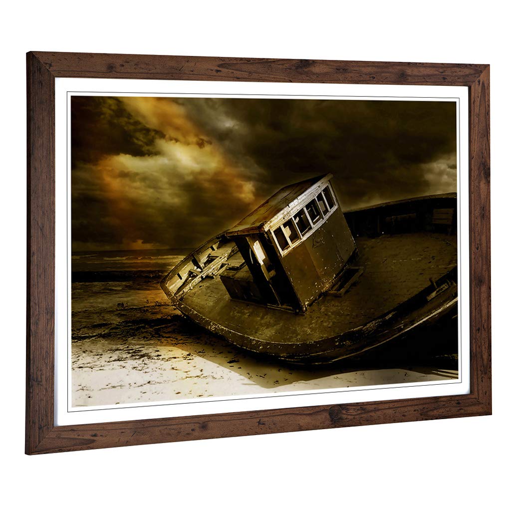 Big Box Art Framed Print of Stranded Boat Wreck on Beach (2) Design | Wall Art Picture | Home Decor for Kitchen, Living Room, Bedroom, Hallway, Walnut, A2 / 24.5x18 Inch / 62x45cm
