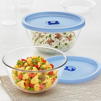 Borosil Select Glass Mixing & Serving Bowl with Lid, Microwave & Oven Safe, Set of 2 (900 ml + 1.3?L) Borosilicate Glass, Clear