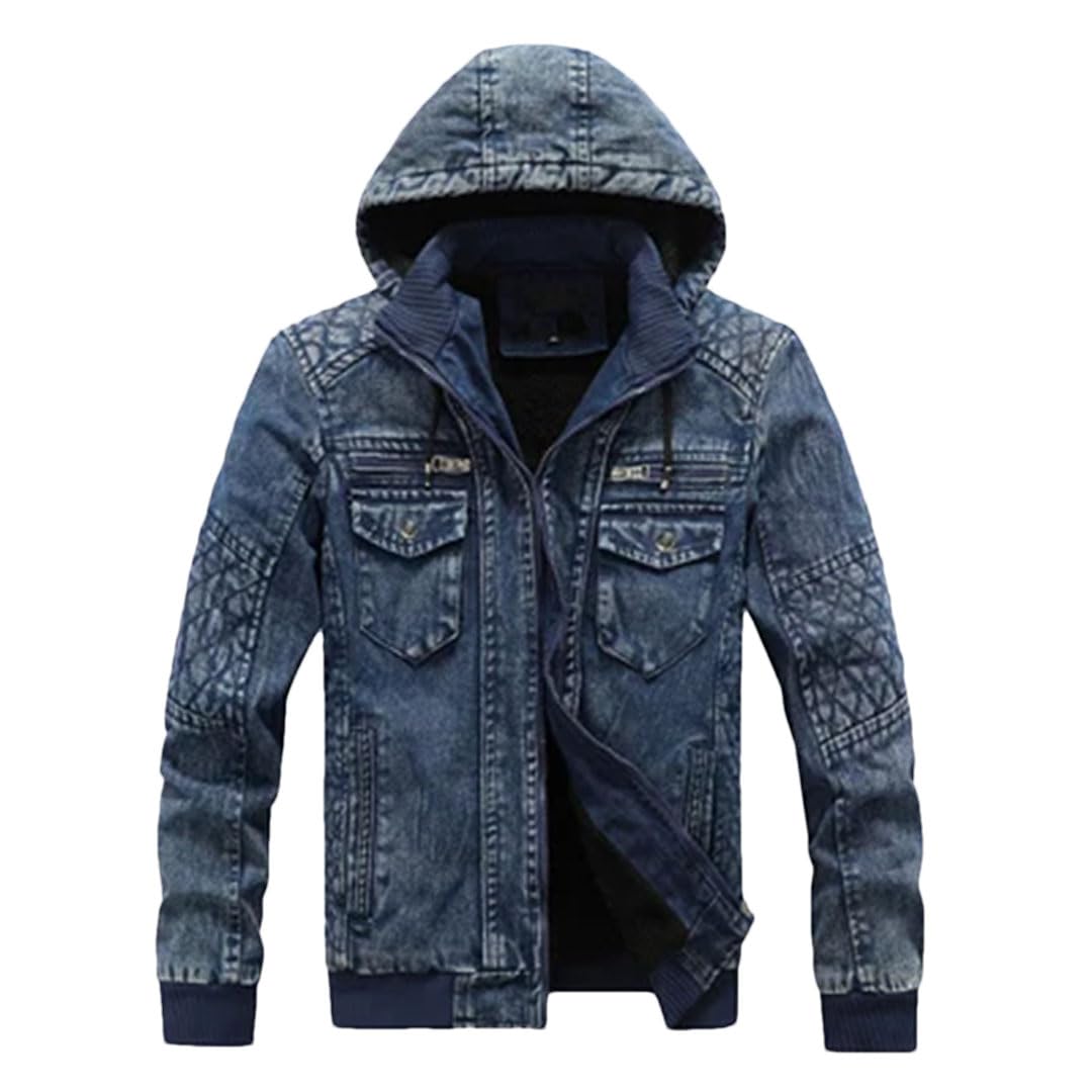 Adhdyuud Męskie bluzy z kapturem kurtka dżinsowa z kieszeniami vintage slim fit płaszcze dżinsy na co dzień ciepła odzież wierzchnia