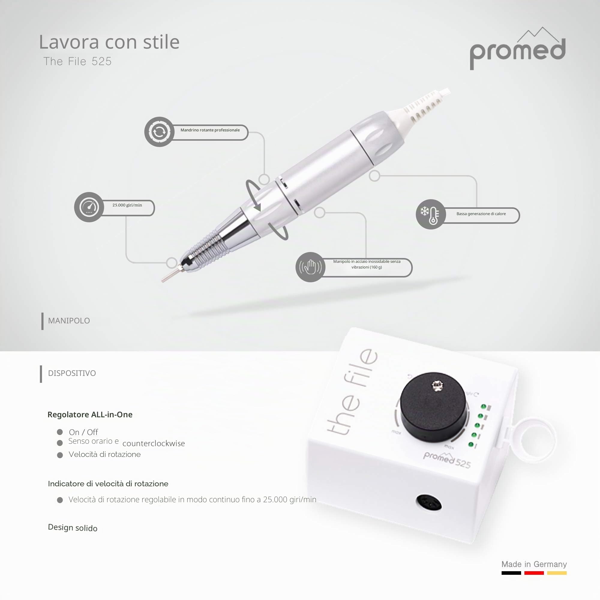Promed Lima elettrica per unghie The file 525, tagliaunghie per nail art e nail design, gel acrilico per unghie naturali, manicure, pedicure, rimozione dei calli, 25000 giri/min, confezione da 1