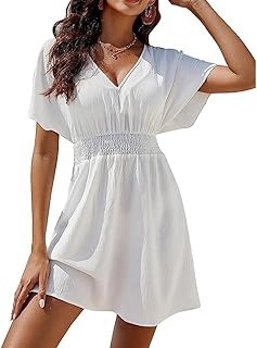 KOEMCY Women's Casual Summer Dress Waist Dresses Bikini Cover Up V-Neck Ruffle Beach Dress Short Sleeve Beach Dresses Mini Dress
