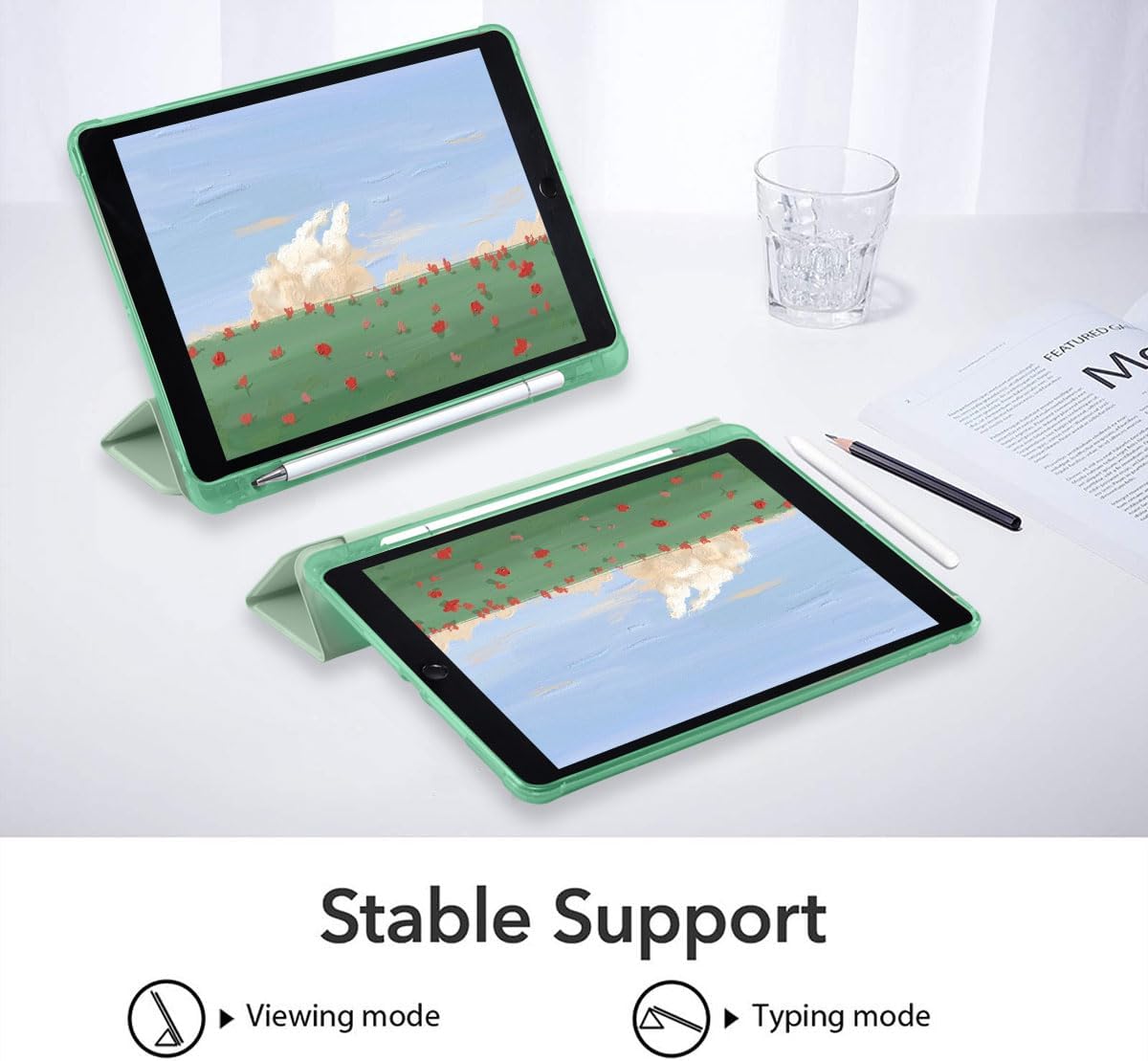 JOYLAND Cute Frog Case for iPad 9th/7th/8th Generation(2021/2020/2019) 10.2 Inch, Leather Foldable Stand Green TPU Back Cover with Pencil Holder Shockproof Protective Case Auto Wake/Sleep