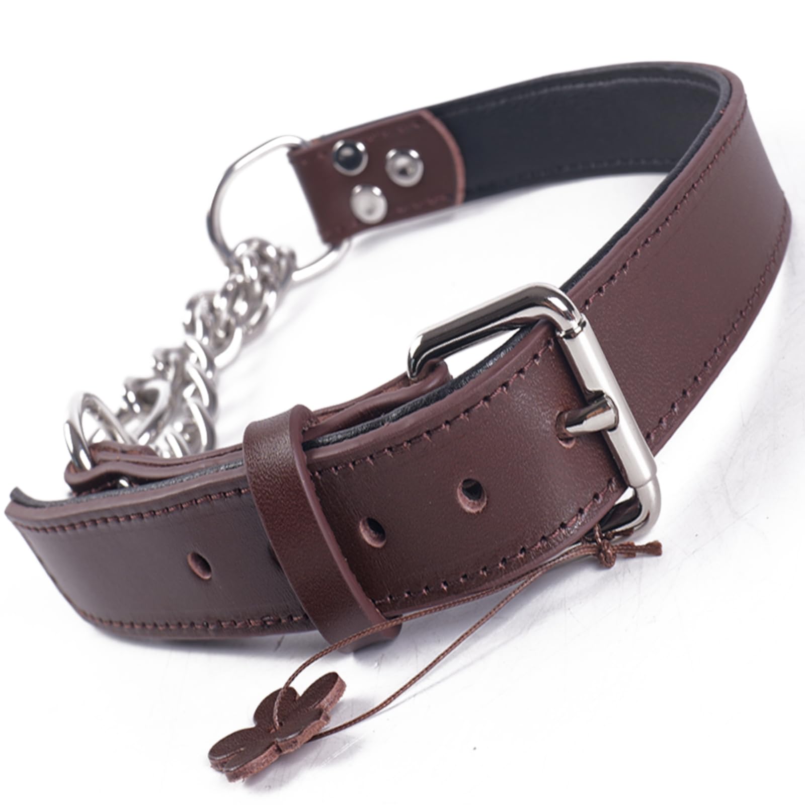 Leather Half Check Dog Collar with Lining – Adjustable Martingale Collar with Chain, Half Choke Leather Dog Collar Suitable for Small, Mediumand Large Dogs(Brown,S)