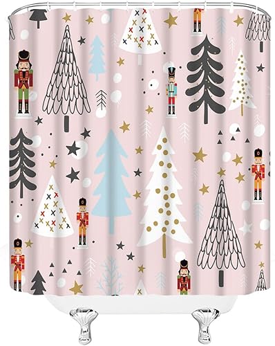 Miniatura 3 de Cortina de ducha de Feliz Navidad, color gris, blanco, rosa, árbol de Navidad, estrellas, cascanueces, caricatura, divertido, invierno, vacaciones,