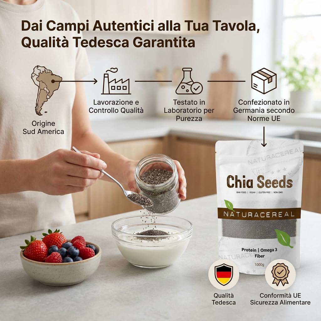 Naturacereal Semi di Chia 5kg - Crudo e 100% Naturali - Ricchi di Omega 3, Fibre e Proteine - Alimento Low-Carb e Superfood per Yogurt e Frullati - Qualità Premium Salvia Hispanica