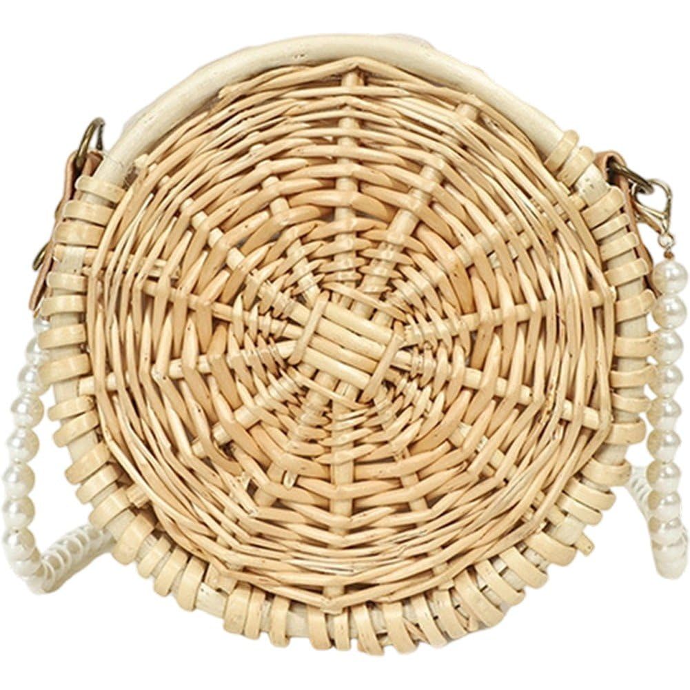 Sac rond en rotin avec sangle perlée et porté bandoulière