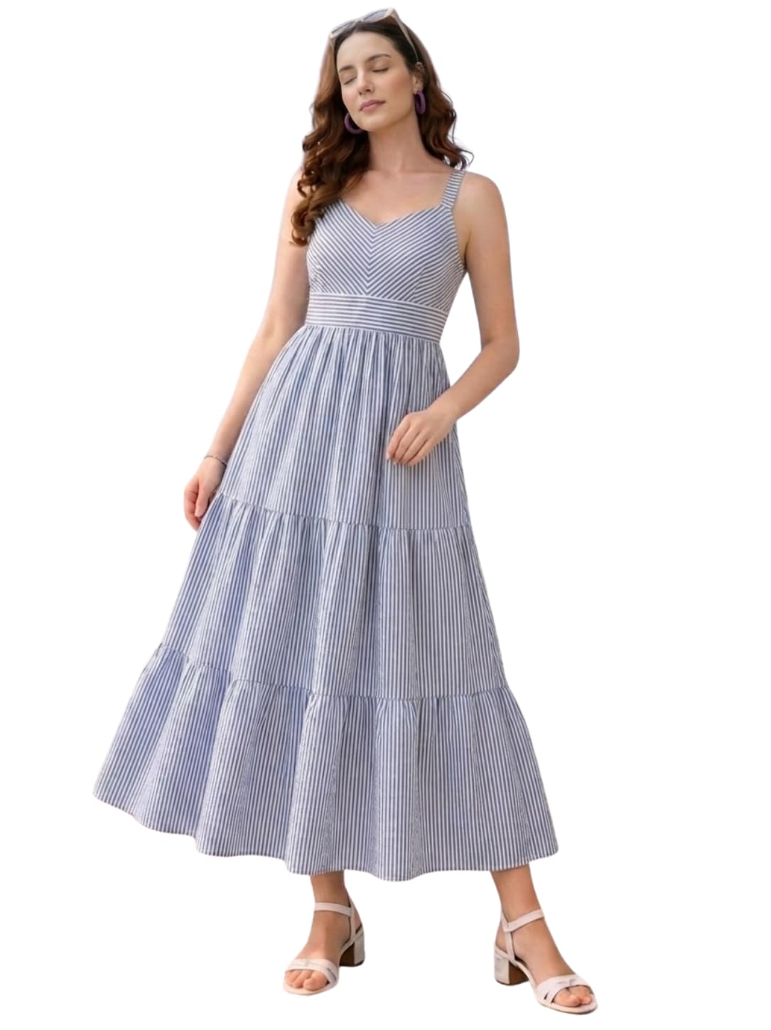 bollyclues Women's Pure Cotton Striped Sleeveless Maxi Dress | Sweetheart Neck Tiered A-Line Long Dress | Casual Summer Beach Vacation Flowy Dress for Women-picture-47