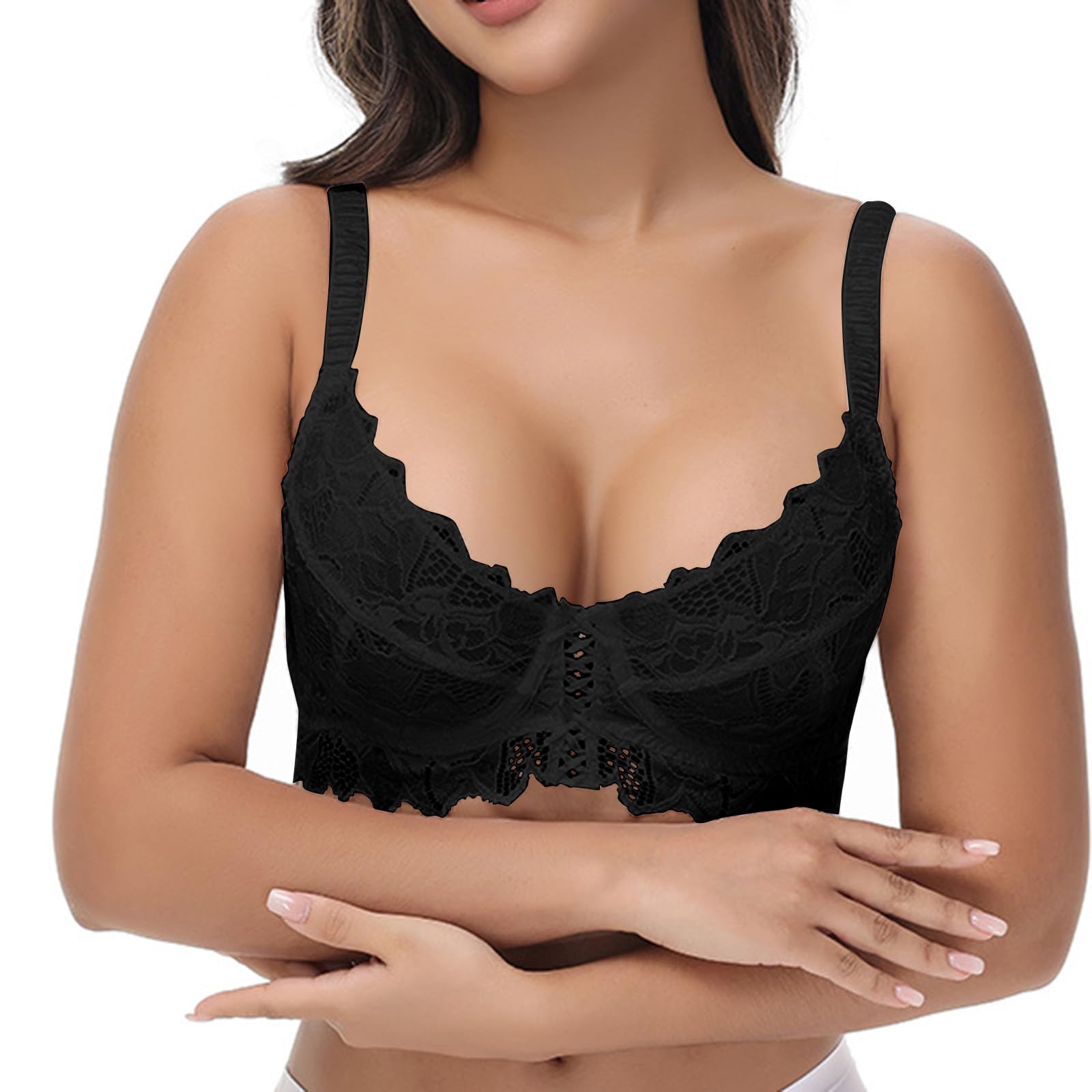 Soutien Gorge sans Armature Sexy Col en V Push Up Brassière Maintien Extreme Soutien Gorge Dentelle Bretelles Réglables avec Dentelle Décoratifs