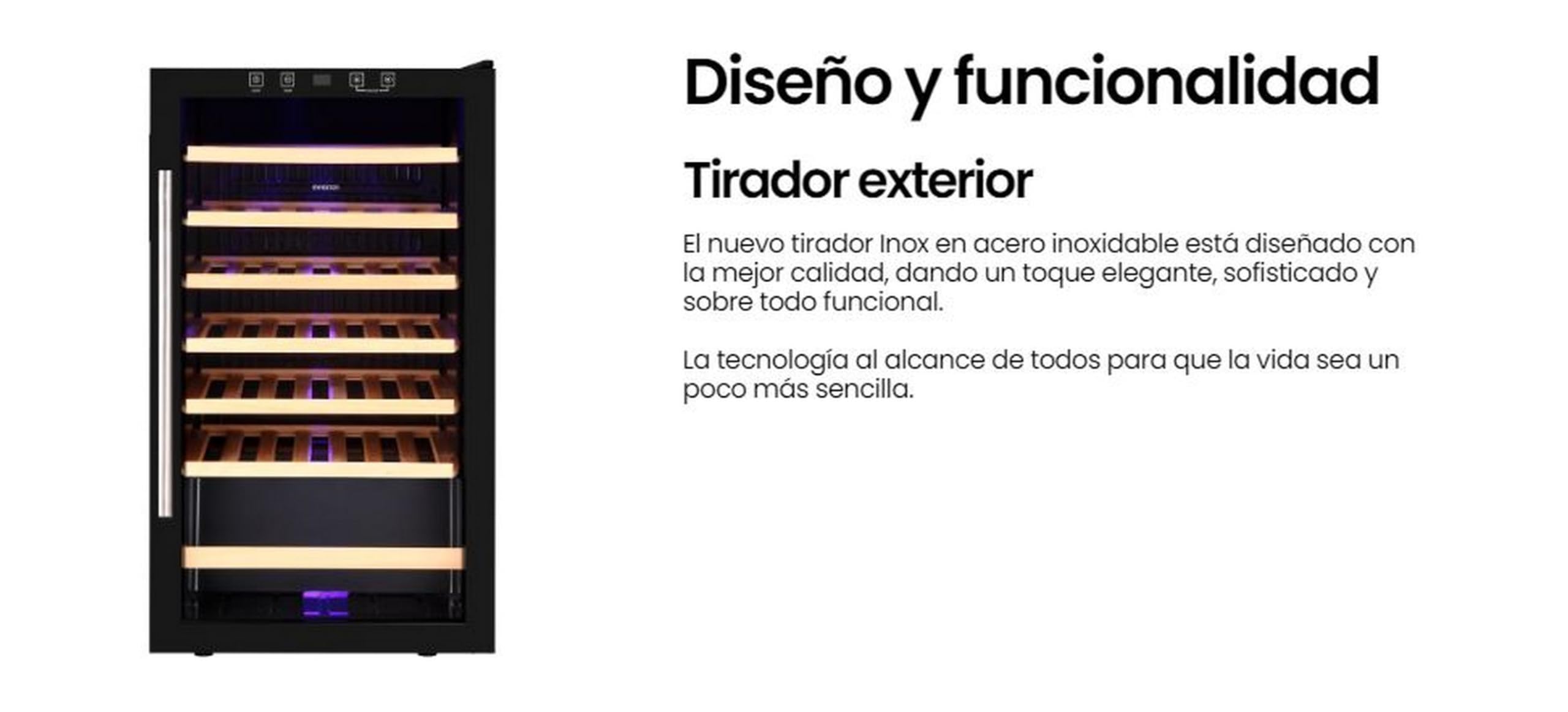 INFINITON Vinoteca WFL-34C, 34 Botellas, Luz LED en el interior, Sistema de enfriamiento No frost, Acabado exterior Crystal BLACK, Tirador exterior de acero inoxidable, G