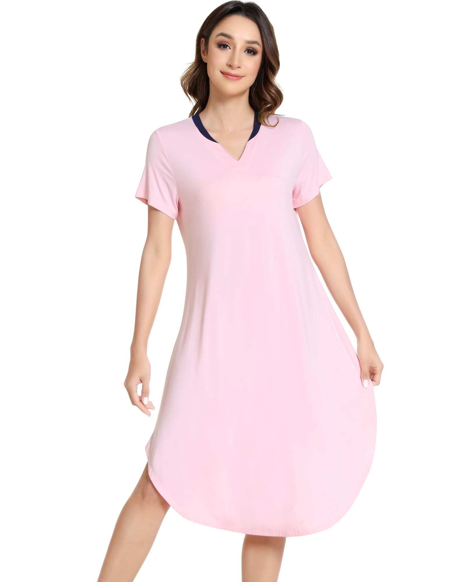 NACHILA Nightgowns for Women-Viscose Made from Bamboo,Short Sleeve Nightshirts V Neck Sleep Shirt Loose Sleep Dress