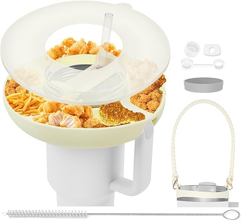 BeeVines Cuenco de aperitivos para taza Stanley, bandeja de aperitivos con tapa para vaso rosa de 40 onzas con asa, con accesorios para enfriar,