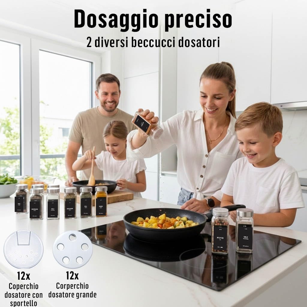 Deco haus® Set da 12 Contenitori per Spezie con Tappo a Vite - Kit per Condimenti con Etichette, Imbuto, Spazzola, Pennarello - Barattoli Portaspezie Piccoli in Vetro Trasparente da 120ml, 10,5x4,3 cm