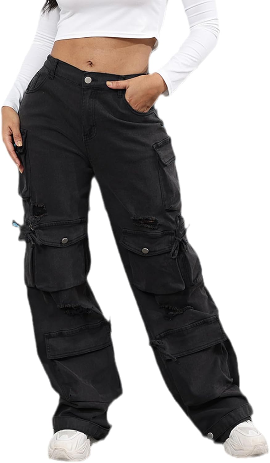 ThusFar Women's High Waist Baggy Jeans Flap Pocket Cargo Pants Loose Denim Pants Streetwear