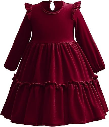 Miniatura 1 de IDOPIP Vestido de terciopelo para bebé niña pequeña con volantes manga larga Navidad fiesta boda cumpleaños vacaciones ropa de invierno y otoño