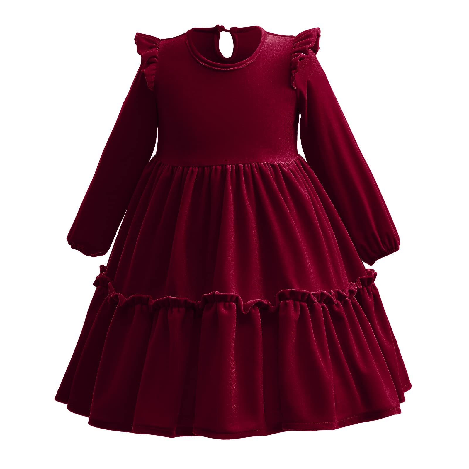 Enfants Filles Robe de Noël Manches Longues Velours Automne Hiver Vêtements Princesse A Ligne Couleur unie Volants Robe de Fête Anniversaire Festif Concours Robe de Bal, rouge bordeaux, 6-7 ans