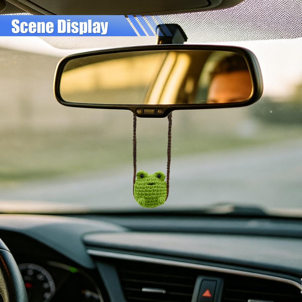 Cute Crochet Frog Car Hanging Ornament, Funny Handmade Knitted Car Rear View Mirror Charm, Swinging Vehicle Interior Pendant Decoration for SUV Truck Home Office (Green) image 4