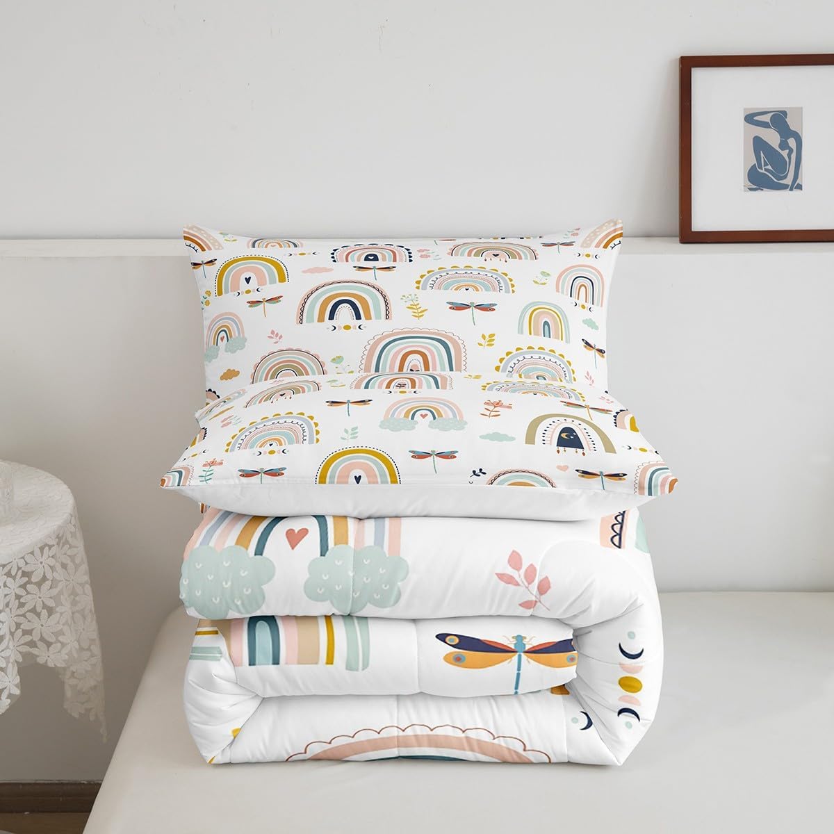 Feelyou Rainbow Comforter Set Twin Size with 1 Pillow Case Colorful Stripes Comforter Light Color Rainbow Bedding Set Dragonfly Quilted Duvet Set for Kids Adults