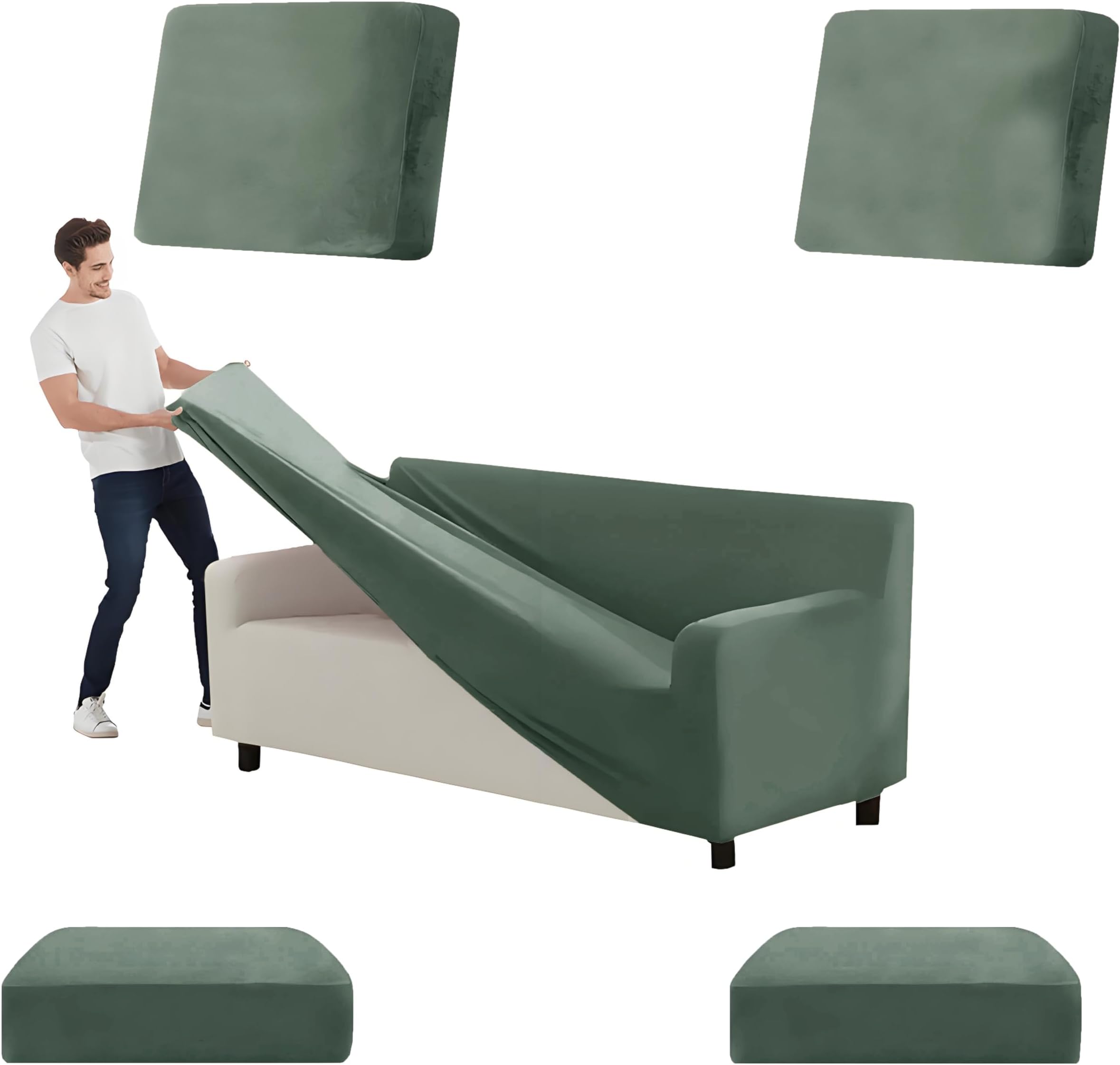 Stretch Ektorp Sofa Cover, Velvet Sofa Covers 1/2/3/4 Seater with Seat Cover and Back Cover, Non-slip Settee Covers Well-fitted (avocado green,XL 145-178cm 5pcs)