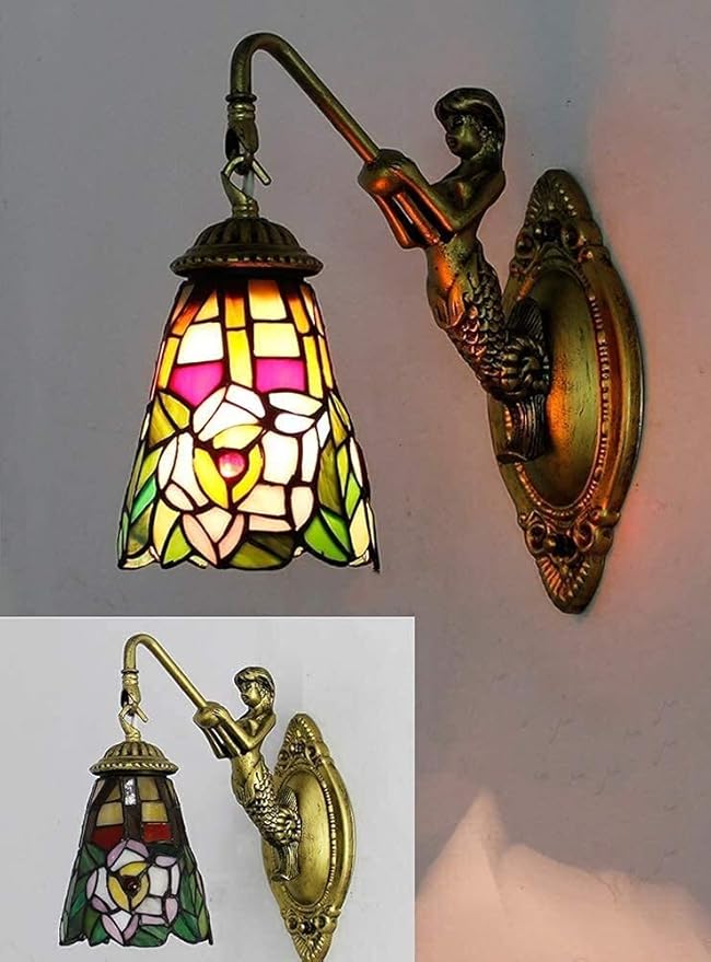 NZDY Wall Lights 1 * Flame Scrt Style Wall Lamp Retro Stained Glass Lampshade Sconce Mermaid Corridor Bathroom Mirror Living Room Candle Light Wall Lamp,G