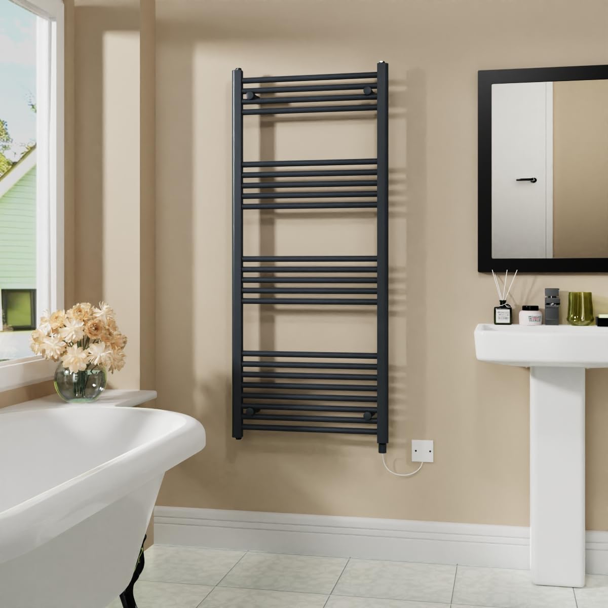 Warmehaus 800W Electric Heated Warming Towel Rail Bathroom Radiator Anthracite - 1400x600mm