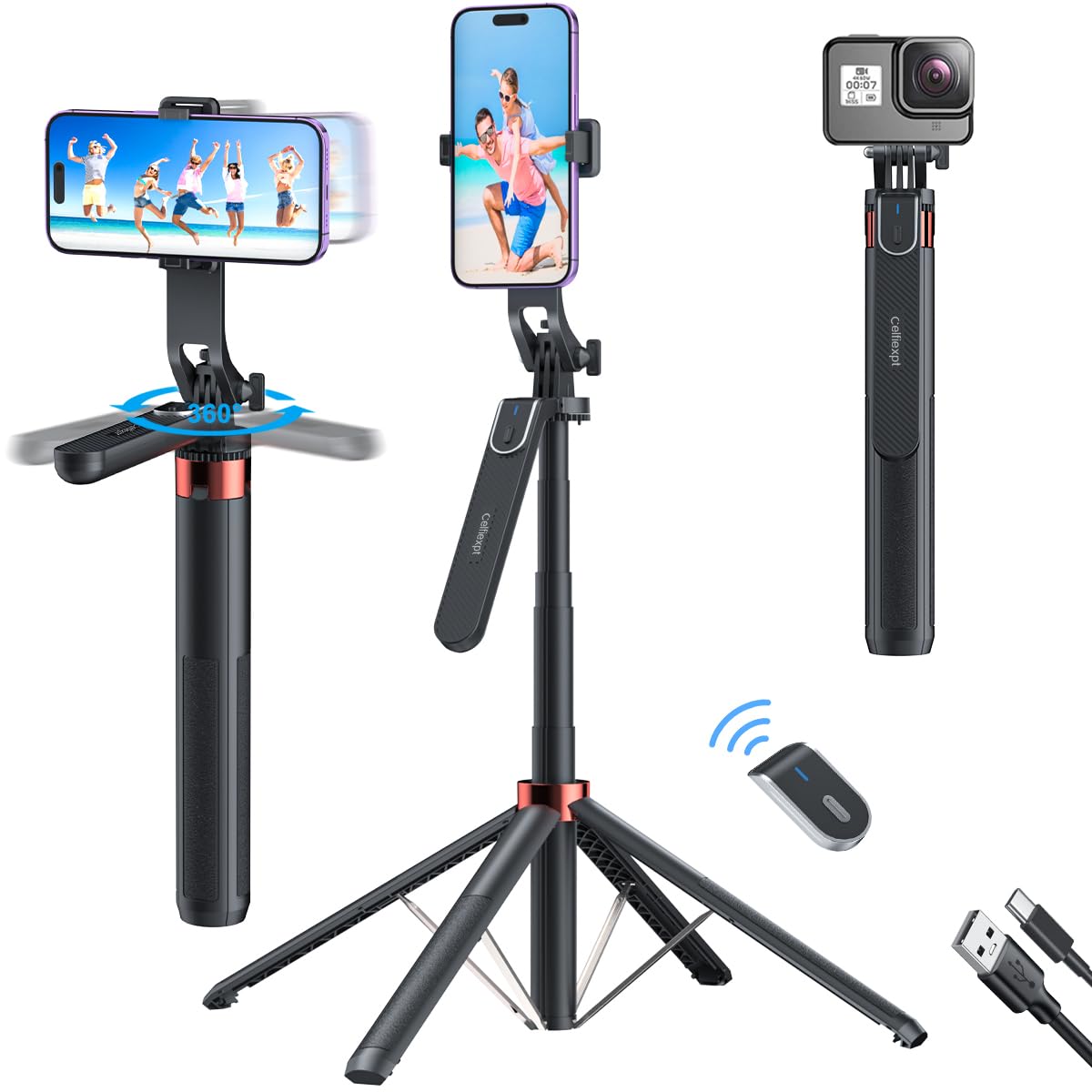 Celfiexpt 71-inch Selfie Stick with Tripod Stand 360 Degree Rotation Rechargeable Remote Quadripod Stand Balance Handle Selfie Stick for Phone Camera Gopro 360°Panoramic Shooting Vlogging Live Stream (B0BV6LN7S7) Amazon Price History, Amazon Price Tracker