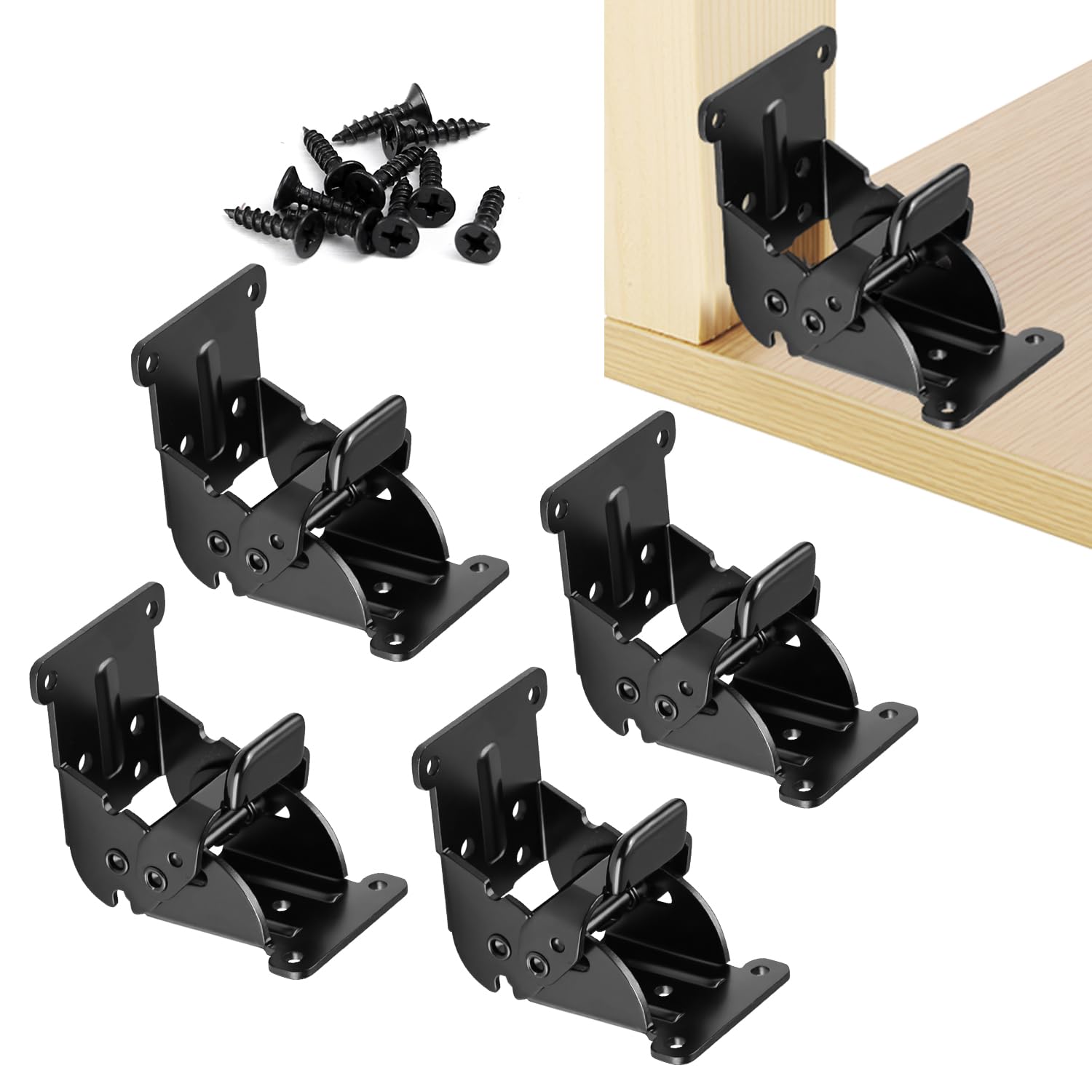 Folding Brackets 4 Pack, Heavy-Duty Self-Locking Hinges with Screws, Foldable Lock Extension Support Brackets for Table Legs, Bed Legs, Workbenches – Black