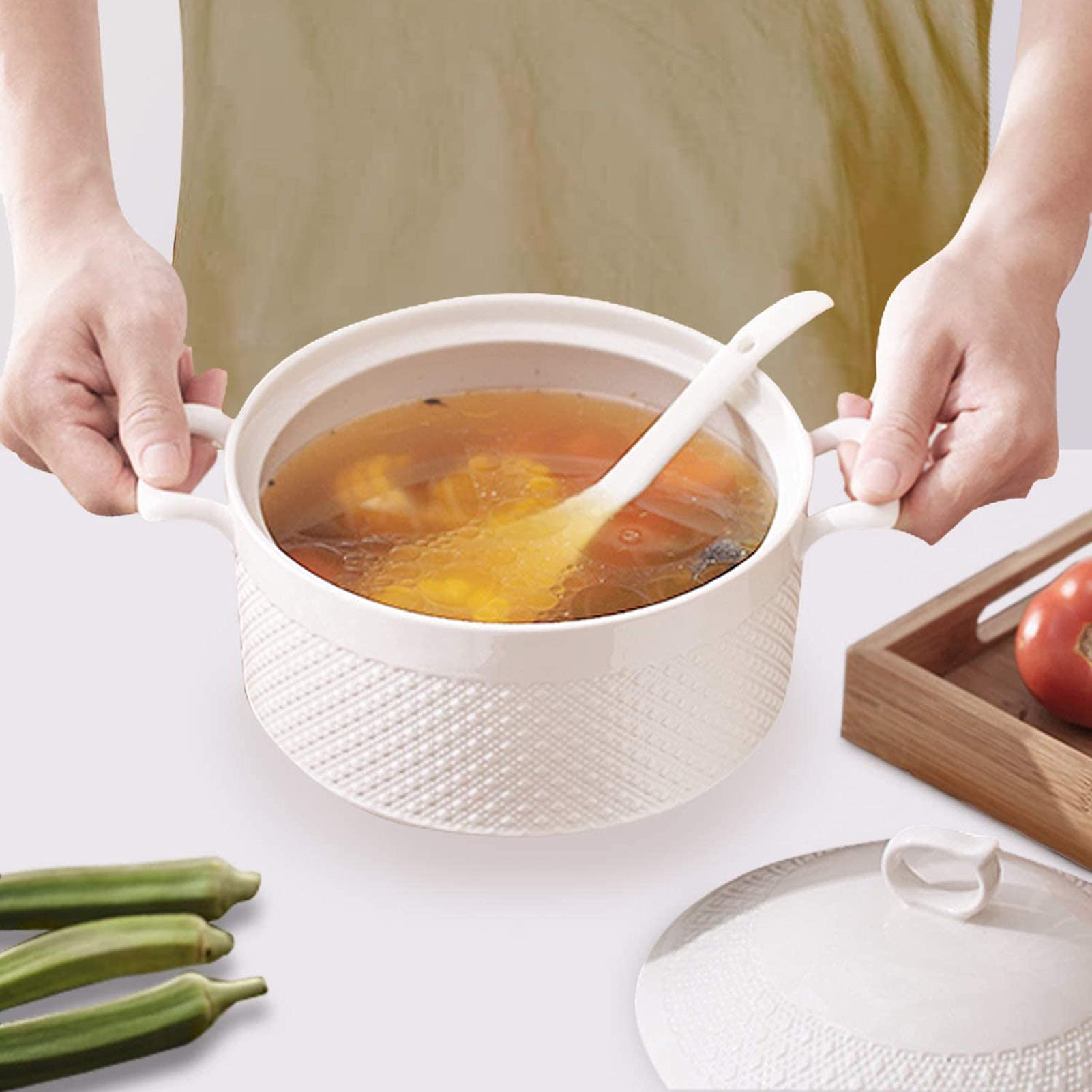 Keramik-Turene mit Doppelgriff, 2,2 l, weiße Auflaufform zum Backen, Servieren von Suppe, Eintöpfen und Nudeln