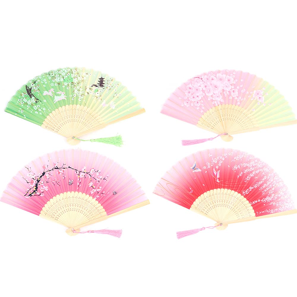 Ancllo Women's #5 4 Pieces Folding Fans Handheld Fans Bamboo Fans With Tassel Hollowed Bamboo Hand Holding Fans For Wall Decoration, Gifts