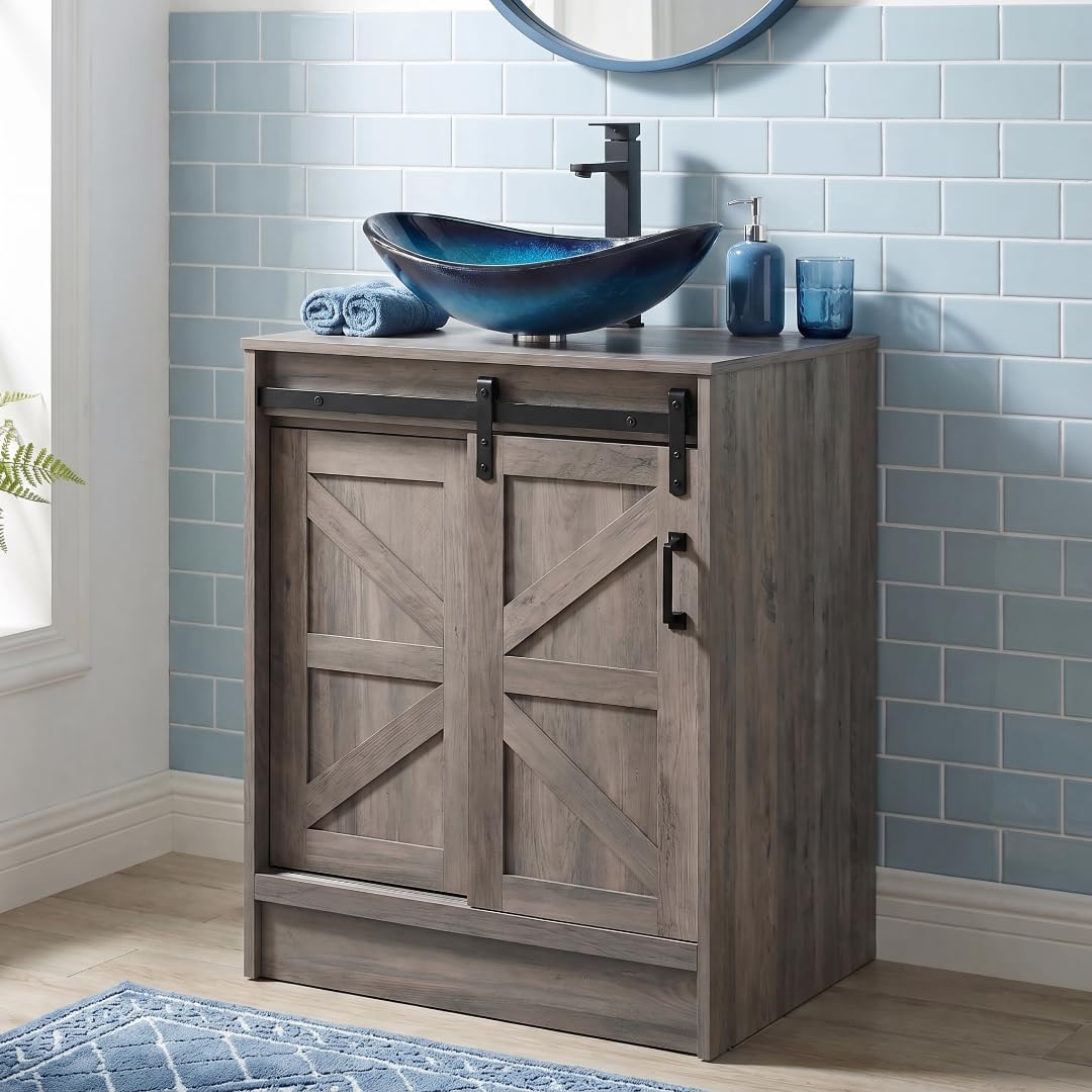 24 Inch Farmhouse Bathroom Vanity with Blue Vessel Sink