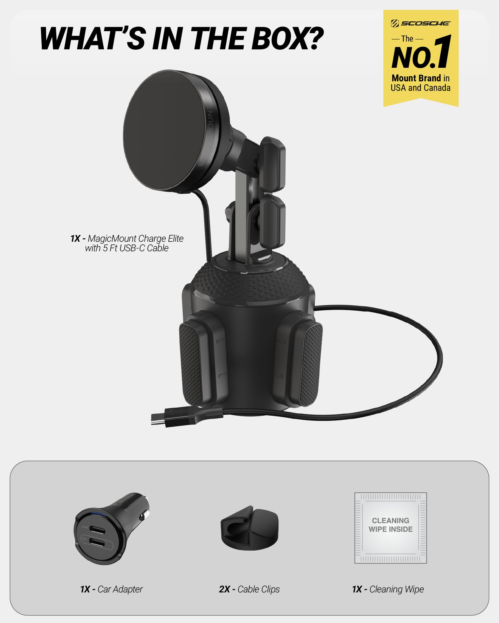 Scosche MagicMount Charge Elite Qi2 - Supporto per telefono con ricarica wireless MagSafe da 25 W, supporto magnetico da auto con collo regolabile per iPhone, Samsung, Pixel e dispositivi Qi2