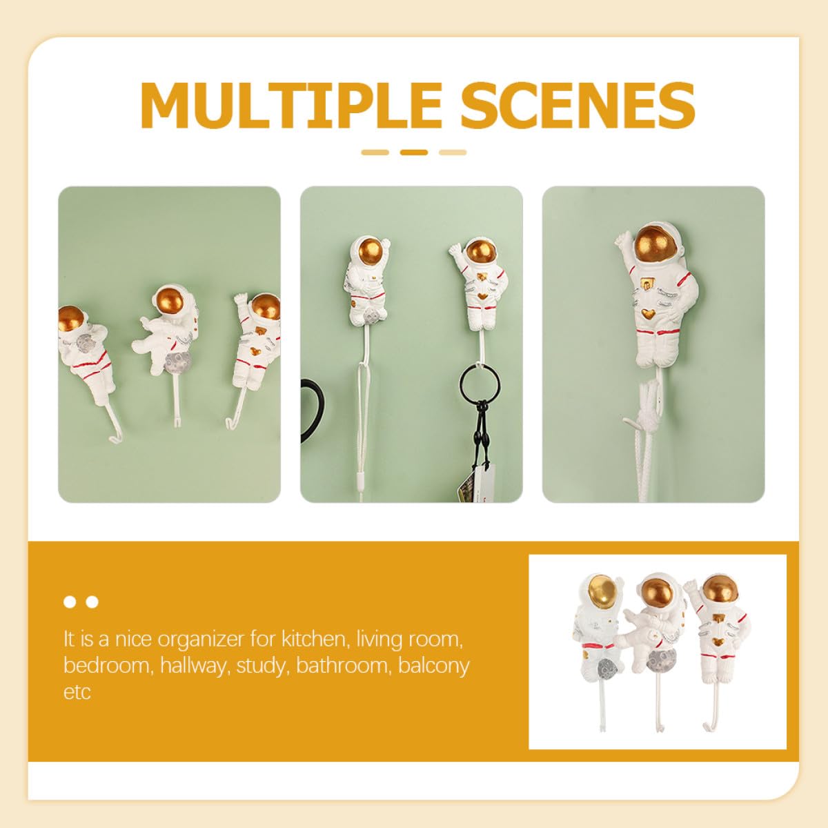 Lot de 3 Crochets Muraux Adhésifs en Résine D’astronaute, Design Décoratif, sans Perçage, Robustes et Compacts, Cuisine, Salle de Bain et Rangement Mural