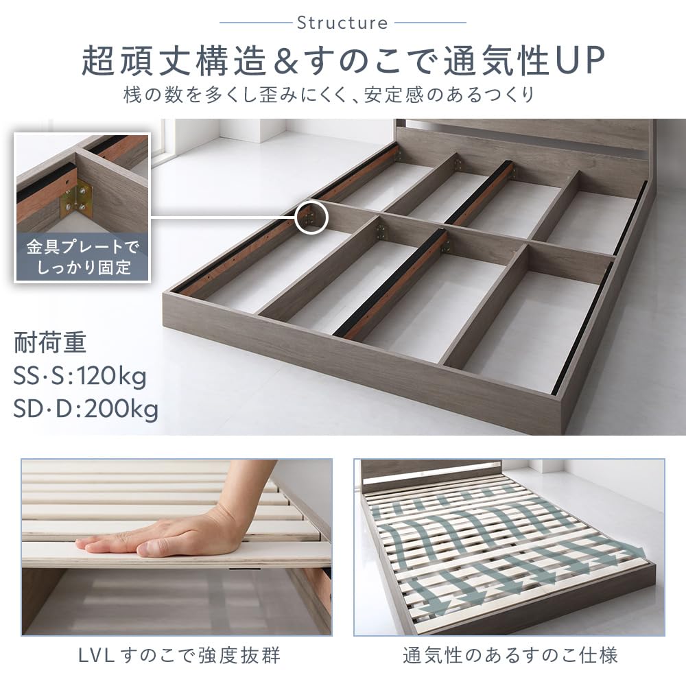 【早い者勝ち】美品　RASIK ベッド シングル　フレームのみ ブラウン ロータイプ すのこ 照明 コンセント 棚 Amazon｜RASIK ベッド セミシングル フレームのみ ヴィンテージ