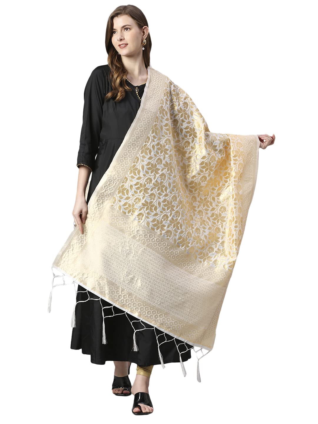 dupatta bazaar Women's Banarasi Silk Dupatta with Floral Weaving, Free Size, Cream-picture-47